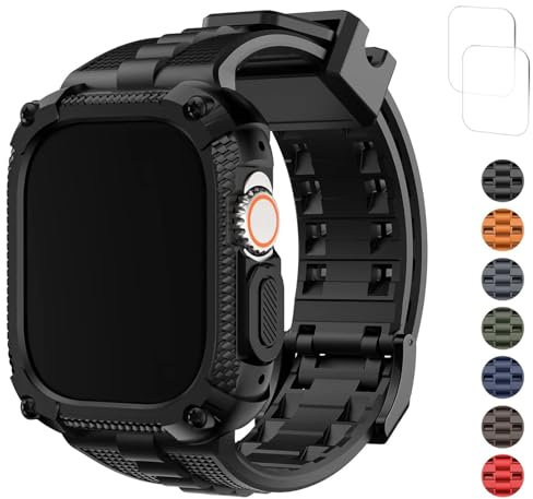 Fullmosa Cinturino TPU Compatibile con Cinturino Apple Watch Ultra 2/Ultra 49mm, Rugged Cover con Cinturini di Ricambio in Silicone Sport 49mm per Apple Watch Ultra, Nero