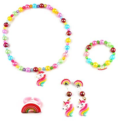 TSLRSA- 5 Stück Kinder Schmuck Set,Mädchen Perlenkette Set Einhorn Halskette Kinder Perlenarmband Regenbogen Ohrringe Ring, Prinzessin Schmuck Set Geschenk Für Kinder Mädchen Party Mitgebsel