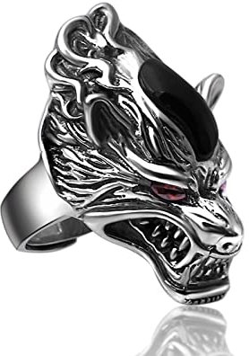 Whoiy Männer Ring Wolf, Freundschaftsringe Herren 925 Sterling Silber Punk Rock Wolf Kopf Ring 38mm Silber Größe Verstellbar für Ihn Freund