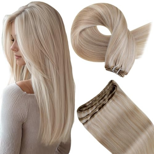 Hetto Weft Hair Extensions Real Human Hair Blonde Sew in Hair Extensions Ash Blond with Platinum Blonde Human Hair Weft 12 Inch 70g #18/613