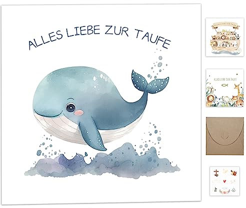 Taufgeschenke für Jungen Mädchen Patenkind,Karte Taufe mit Umschlag aus Kraftpapier,Hochwertig Taufkarten mit Taufe Sticker Deko,Glückwunschkarten zur Taufe Geschenk Taufe Klappkarte mit Wal schwimmen