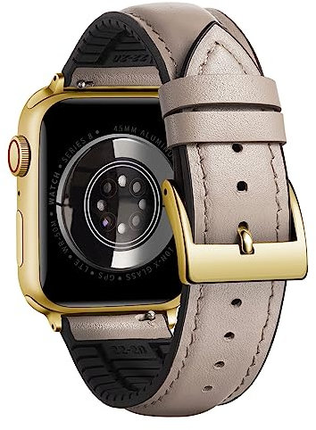 BINLUN Cinturino in Pelle Silicone Compatibile con Apple Watch 42mm 44mm 45mm 46mm 49mm Microperforazioni Pelle e Gomma Ibridi Cinturini Adatto per iWatch Uomo Donna(Oro Fibbia,Beige)