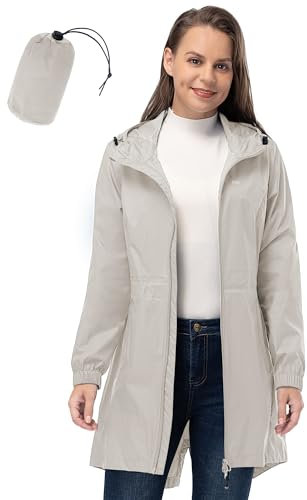 33,000ft Veste de pluie légère à capuche pour femme - Veste de pluie longue imperméable pour femme - Veste fonctionnelle coupe-vent respirante - Manteaux d'extérieur actifs, beige, 46