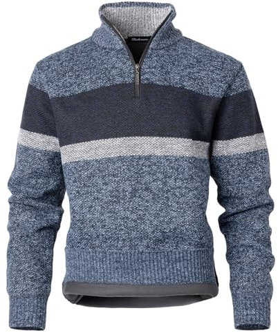 Harbrosrce Pull Homme en Tricoté 1/4 Zip Pullover Rayées Sweater Col Montant Doublé de Polaire Pull-Over Confortable Chemise Polo Chandails