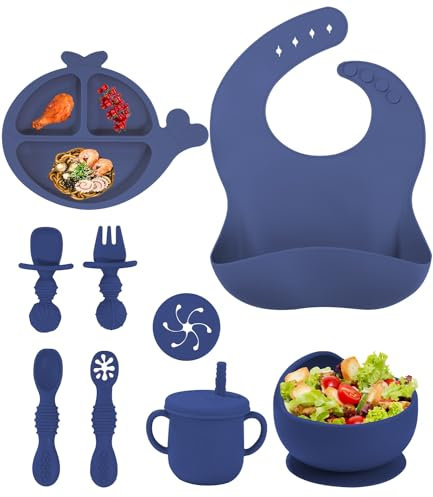 SOBEAU Set Vaisselle Silicone Repas Bébé, Lot de 10 assiette ventouse pour bébé,Ventouses et bavoirs,assiette enfant,Tasse d´Aprentissage,couvert bebe (bleu)
