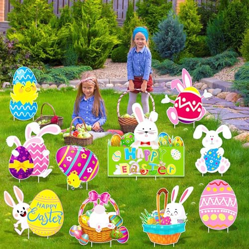 YEZIDE 10Pcs Happy Easter Yard Signs Garden Decoration Easter Eggs Rabbit Basket Chicken Yard Waterproof Stake Ornaments for Yard Lawn Garden Party Decorations Outdoor