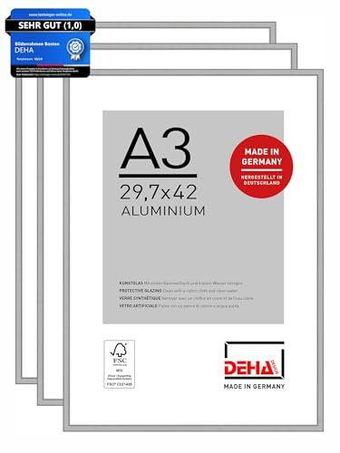 DEHA Design Bilderrahmen, 29,7 x 42 cm (A3) (3er Set), Aluminium, Silber matt, Posterrahmen zum Aufhängen im Hoch- & Querformat, bruchsicheres Kunstglas, Boston