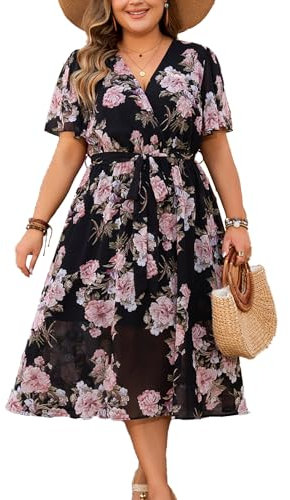 LIAMERHE Damen Übergröße Kleid Elegant V-Ausschnitt Große Größen Casual Kurzarm Kleider A Linie Sommerkleid Blumenmuster Mode Freizeitkleider