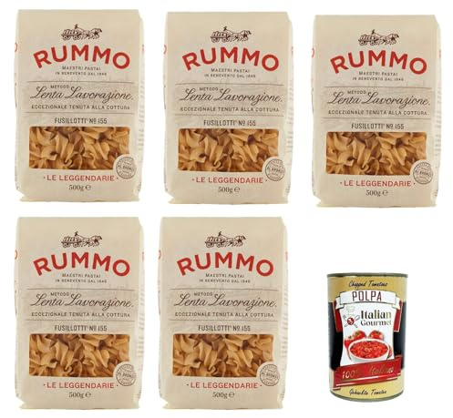 Italian Gourmet Fusillotti N°155 pasta di semola Bronzeform 5 x 500g | Lenta lavorazione italiana, Hartweizengrieß mit rauer Oberfläche, formato, Gesamtnettogewicht 2,5 kg + Kostenlos Polpa 400g