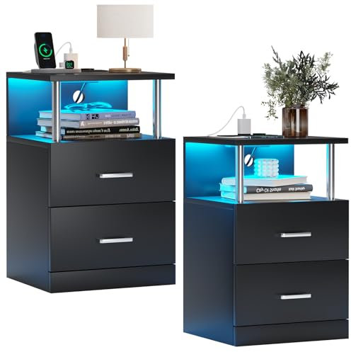 AOGLLATI 2er Set Nachttisch mit Ladestation und LED-Leuchten, Nachttisch mit offener Speicher, 2-Schubladen, 2 AC-Steckdosen, 2 USB-Anschlüsse, moderner Beistelltisch für Schlafzimmer (Schwarz)