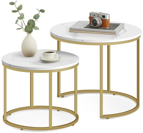 Home Collective Couchtisch 2er Set Rund Beistelltisch Loft Design 2 in 1 Verschachtelung Kratzfeste Oberfläche, Wohnzimmer | 53cm und 43cm Breit Marmor Optik mit goldenen Beinen