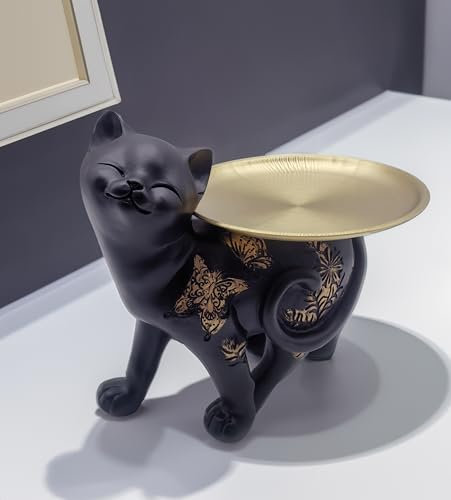 Katzenstatue aus Kunstharz mit Tablett, Schlüsselablage für den Eingangstisch, schwarze Katzenstatuen, Heimdekoration, Tierskulptur mit Tablett, Aufbewahrung, Schlüsselhalter, Süßigkeiten, Schmuck,