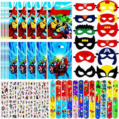 KEVRDRT 56 Pieces Geburtstag Mitgebsel, Avenge Party Kindergeburtstag Mitgebsel mit 20 Geschenktüten, 12 Helde Masken, 12 Schnapparmbänder, 12 3D Aufkleber, Avenge Geburtstag Deko