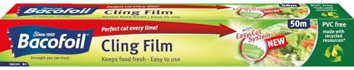 PVC Free Cling Film with Curved Blade Easy Cut Easy to Use BPA Free 100% Recyclable Perfect for Food Wrapping Freezing and Keeps Food Fresh – 32.5cm x 50m - Pack of 1