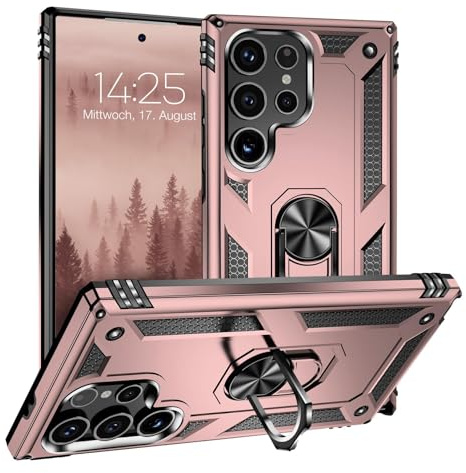LBH Outdoor Hülle für Samsung Galaxy S24 Ultra Armor Militär Stoßfest Handyhülle 360 Grad Metal Ring Halter Ständer Schutzhülle für Handyhalterung Auto Magnet Rosegold