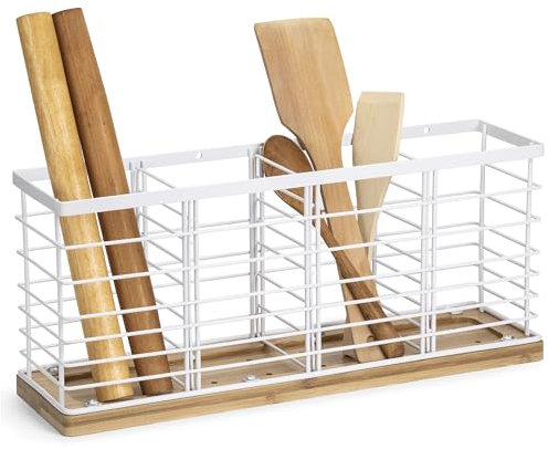Lonian Soporte Grande para Utensilios de Cocina Con Base de Bambú, Organizador de Metal de 4 Compartimentos para Encimera o Montaje en Pared