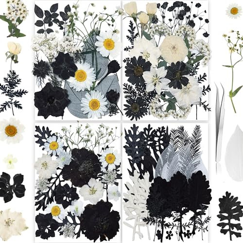 YouthBro 140Stück Schwarz Weiß Getrocknete gepresste Blumen mit Schmetterling Aufkleber Echte Natur Blumen Set für Kunstharz DIY Schmuck Kerze Seife Vase