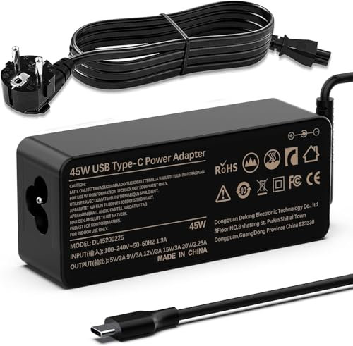 Cargador Chromebook 45W USB C Ordenador Portátil 20V 2,25A para Lenovo Thinkpad/Yoga, HP Spectre/Envy X2, DELL XPS 13 15, Acer Spin, ASUS, Samsung, ADLX45YAC3A ADLX45YLC3A Alimentación Charge