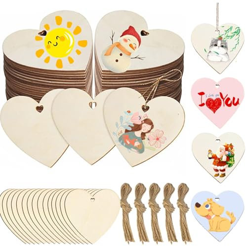50 Stück Holz Herzen mit Loch, 8cm Holzherzen Deko mit 50pcs Juteseile, Blanko Holzanhänger Herz zum Basteln, Bemalen & Verzieren, Hochzeit Deko, Valentinstag, Geschenkanhänger
