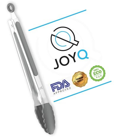 JOYQ Kitchen Tongs - 9 Inch Kitchen Utensil Cooking Tongs with Padlock System - Easy Grip Food Grade Silicone Tongs for Meat, BBQ, Frying and Serving (9 inch, Grey)