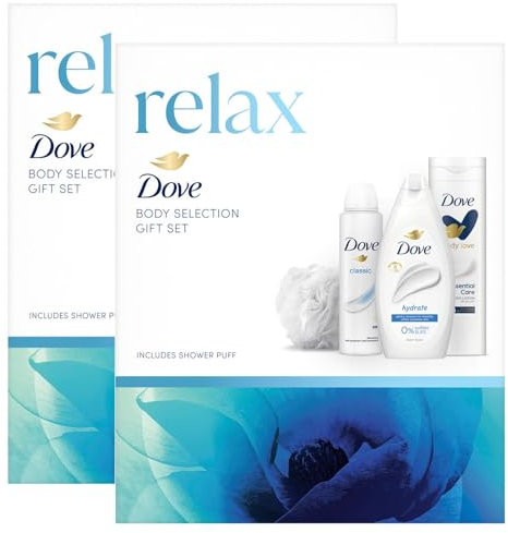 Dove Relax Body Selection Hydrate Bodywash 225ml, Essential Care Lotion 250ml and Classic Anti-perspirant 150ml 3 Pieces Gift Set for Her with Shower Puff,2pk