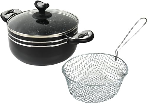 Cooking Pot with Free Chip Basket 9 Casserole Dish with Glass Lid Side Handles Aluminium Cookware Non-Stick Coating Cooking Pot Stockpot Saucepan Black 24cm