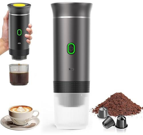 VHV Cafetera Portatil, Cafetera Portátil Cápsula de Espresso 3 en 1, Autocalentamiento de 2a6 Minutos, Para Cápsulas Pequeñas o Grandes y Café Molido,Cafetera Portátil para Oficina y Hogar (Gris)