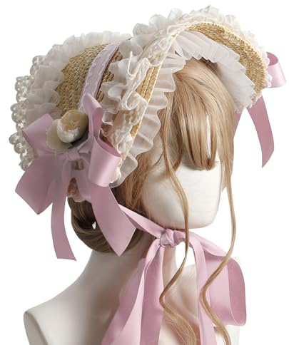 FCCAM Viktorianischer Sonnenhut für Teeparty Lolita hut, Spitze, Schleifen, Blumen, Strohhut, Lolita, Hut für Mädchen Mehrfarbige Damenmütze