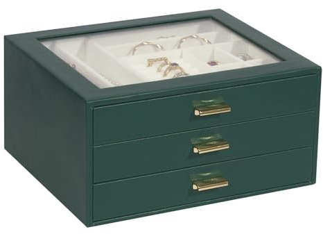 KILHS Schmuckkästchen,Schmuckaufbewahrung mit Glasdeckel,Schmuckkasten mit 3 Ebenen,für Ohrringe,Armbänder,Halsketten,3 Schubladen,schmuckschatulle,dunkelgrün