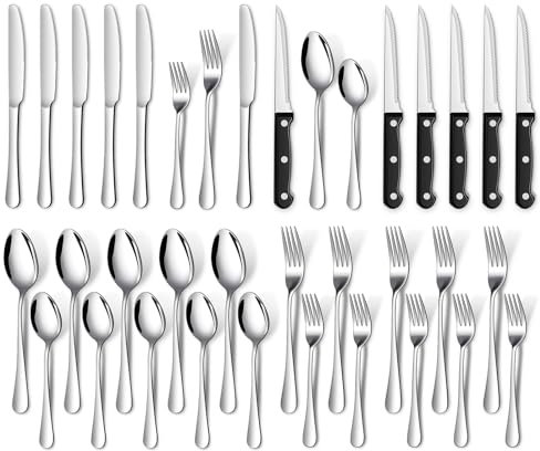 TAN REN Besteck Set 6 Personen, 36-teiliges Edelstahl Besteckset(Silber) mit Steakmesser, Elegantes Essbesteck mit Messer Gabel Löffel, Cutlery Set für Haus/Küche/Restaurant