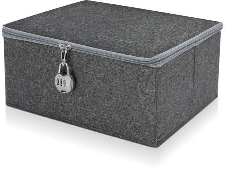 Xialvyu Graue Abschließbare Box, 30x20x14 cm, Faltbar, Polyester, Zahlenschloss, Aufbewahrungsbox für Kleidung, Süßigkeiten, Spielzeug