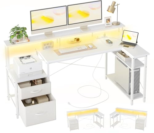 BEXEVUE Bureau d'angle, 150x80cm Ergonomique Bureau Forme L, 2 Tiroirs Etagères Rangement Réversibles, Grand Support Ecran, Moderne Table Ecriture pour Etudier Jouer Chambre Maison, Blanc