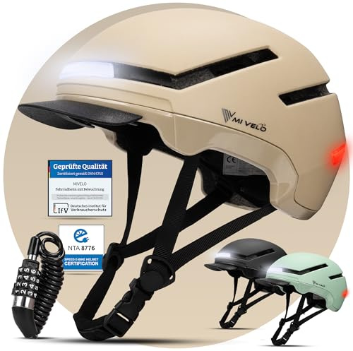 MIVELO Fahrradhelm Damen Herren Erwachsene mit Licht inkl. Helmschloss, NTA Zertifiziert bis 45km/h, Helm geeignet für E-Bike & S-Pedelec, Radhelm Ultraleicht & sicher, Unisex (Beige, L (57-61cm)
