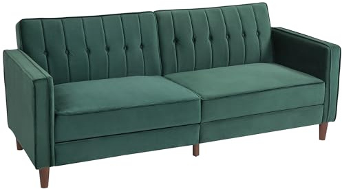 HOMCOM Convertible Sofa Bed Click Clack 3 Seater Sofa Bed 189cm Dark Green | Button Tufted, Velvet Sleeper Couch, Split Reclining Backrest, Rubber Wood Legs