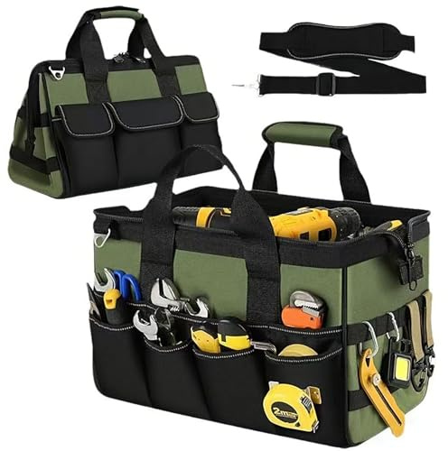 Heavy Duty Tool Bag, 16 Pockets Wide Open Mouth Tool Storage Organizer | 16 Inch Portable Tool Bag Organizer with Adjustable Shoulder Strap and Handle, Tool Storage Bag for Garden Home Tool