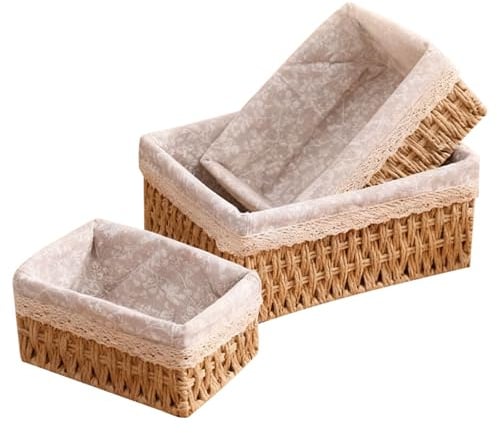 wocpvm 3er Aufbewahrungskörbe Set Geflochten Körbe Aufbewahrung | Deko-Körbchen für Zuhause, Büro, Bad & Schlafzimmer im Boho-Stil