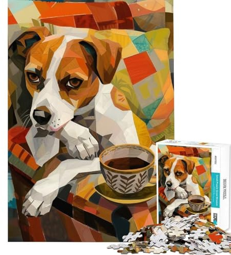 Puzzle de 1000 pièces pour Adolescents Chien avec Tasse de café Illustration Jeu éducatif Cadeau Découpe de précision (Dimensions 50x75cm)