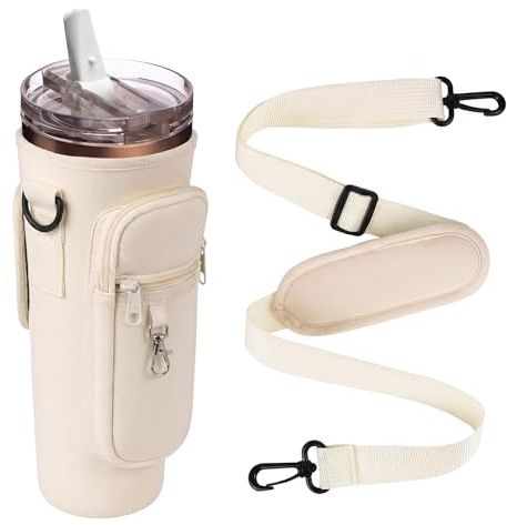AEYURUID 40oz Tumbler Cup Carrier Bag with Adjustable Strap & Phone Pocket Waterproof Bottle Holder for Stanley Cup Accessories Case for Walking, Hiking, Camping (Beige)