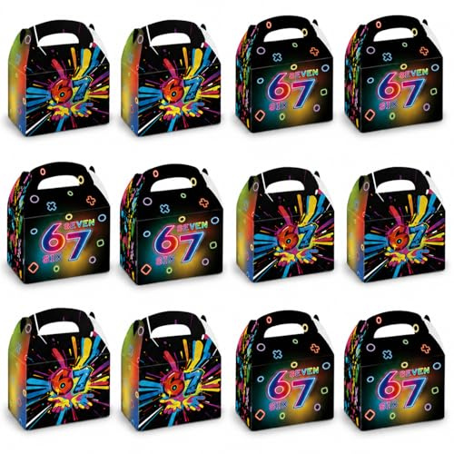 Aurelx 12 PCS 67 Gifts Kids Party Food Boxes with Handles, Thickened Paper Party Boxes with Double-sided Colorful 67 Patterns, Cardboard Lunch Box for Birthdays Holiday Graduations, 17.5 x 13.3 CM
