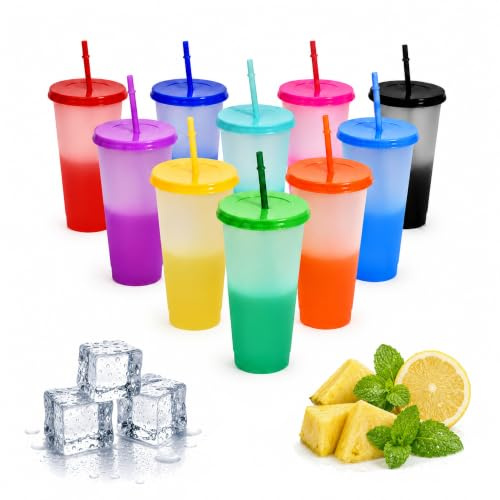 Dorclife 10PCS Color Changing Cups with Lids and Straws 24oz Reusable Plastic Tumbler Set Smoothie Milkshake Bottle Iced Coffee Cup for Travel Mugs Parties Picnics Christmas Party Cup (Multicolor)