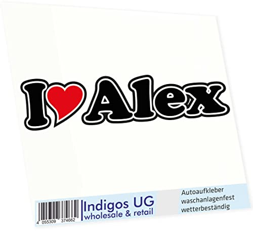 INDIGOS UG Auto Aufkleber I Love Alex 15 cm - Autoaufkleber - KFZ Sticker selbstklebend - für Motorrad, Fenster oder Heckscheibe - wetterfest & UV-beständig Sticker mit Namen von Mann Frau Kind