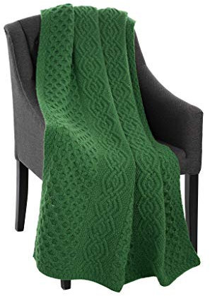 Irische 100% Merinowolle Wabenmuster Warme und Weiche Aran Decke in Natur/Grün Throw 152 x 101 cm (Grün)