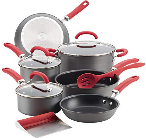 Rachael Ray 81157 Create Delicious Hard Anodized Nonstick Cookware Pots and Pans Set, Aluminum, Gray with Red Handles