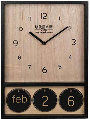 Holz Uhr mit Kalender, ca. 39,5 x 28 cm, batteriebetrieben, inklusive runde Holzscheiben mit Zahlen und Monaten