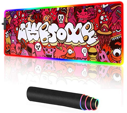 RGB Gaming Mouse pad Large Anime Graffiti Non-Slip Rubber Base Mice Keyboard Mat (Red)