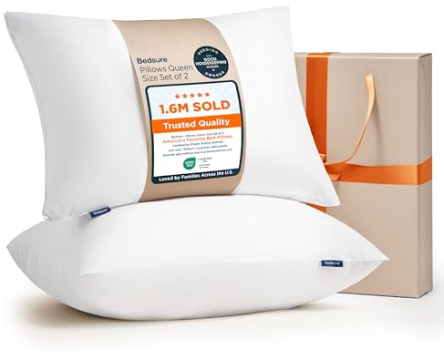Bedsure Pillows Queen Size Set of 2 - Hotel Collection Bed Pillows for Sleeping, with Down Alternative Filling, Soft Support for Back, Stomach or Side Sleepers, Queen/Full, 28x19, White, 2 Pack