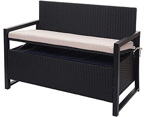 Mendler Poly-Rattan 2er Sitzbank HWC-F39, Gartenbank Truhenbank, Staufach Aufbewahrung Sitzkissen - anthrazit, Kissen beige