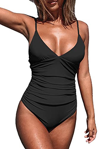 CUPSHE Maillot de Bain Une pièce pour Femme Col en V Profond Bretelles Spaghetti réglables Maillot de Bain froncé Devant Bas du Dos Noir M