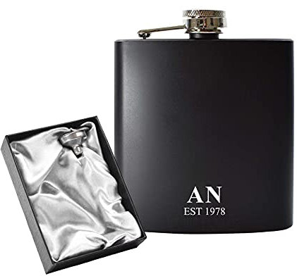 Engraved 6oz Black Hip Flask with Initials and Date