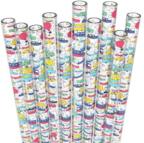 Fiesta First Trinkhalme aus Hartplastik, wiederverwendbar, transparent, Transportdruck-Design + stabile Reinigungsbürste, für Kinder, kleine Tassen, BPA-frei, mittlere Breite, 15,9 cm, 10 Stück